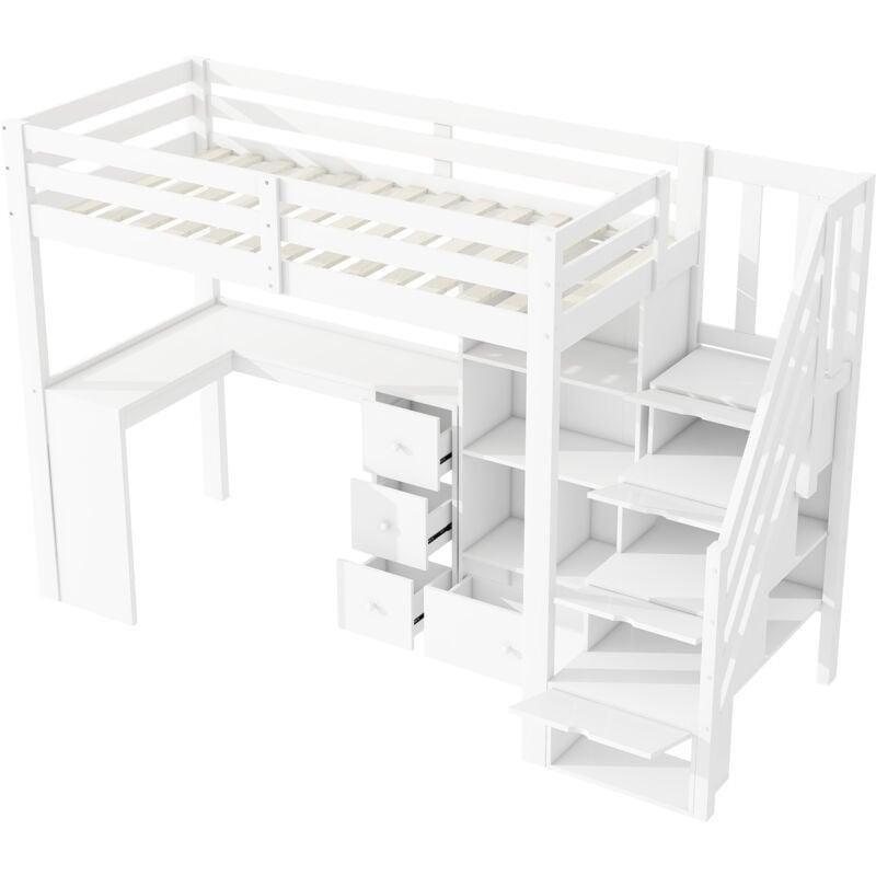 Beyaz Masif Çam ve MDF Çalışma Masalı Depolamalı Merdivenli Ranza - 90x200 cm - 124931