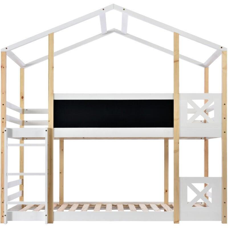 Beyaz Masif Çam ve MDF Çatılı Kara Tahtalı Ranza - 96x207x205 cm - 125095