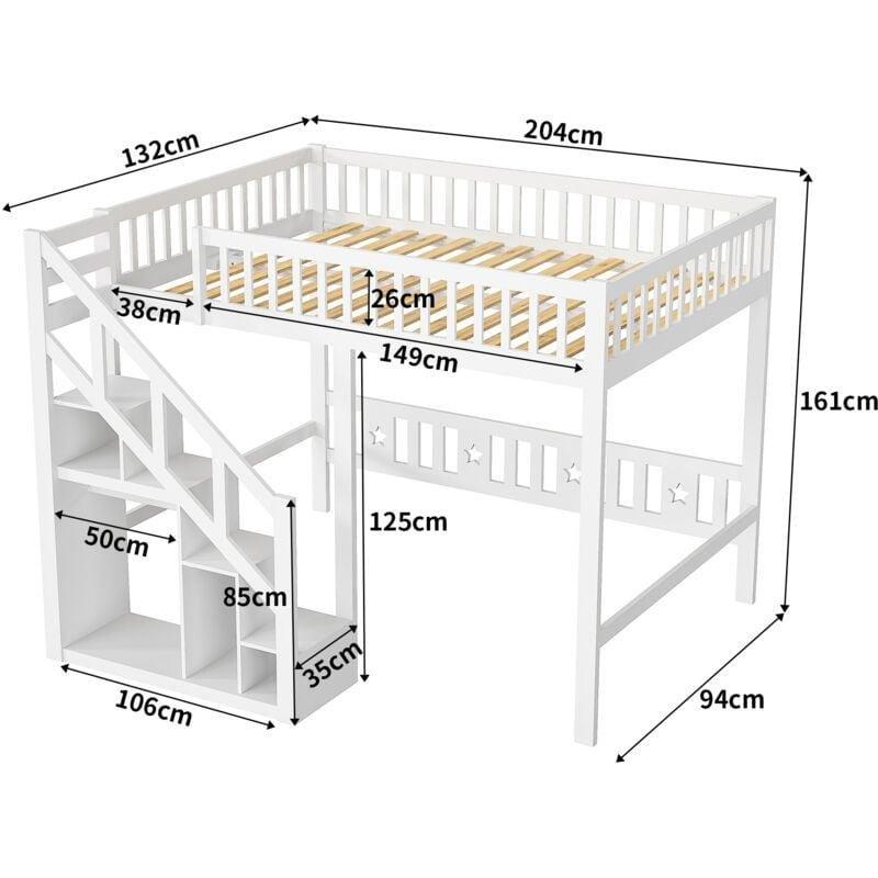 Beyaz Masif Çam ve MDF Depolama Merdivenli Altı Boş Ranza - 204x132x161 cm - 125304