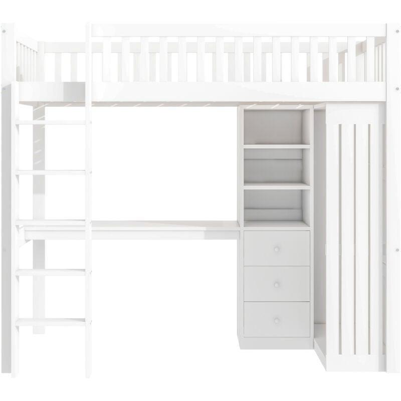 Beyaz Masif Çam ve MDF Entegre Dolaplı Çalışma Masalı Ranza - 90x200 cm - 124855