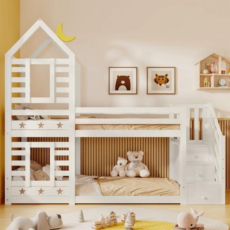 Beyaz Masif Çam ve MDF Ev Tasarımlı Çekmeceli Merdivenli Ranza - 90x200 cm - 125219