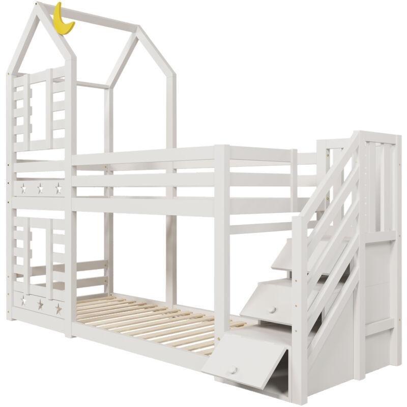Beyaz Masif Çam ve MDF Ev Tasarımlı Çekmeceli Merdivenli Ranza - 90x200 cm - 125219