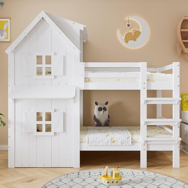 Beyaz Masif Çam ve MDF Ev Tasarımlı Merdivenli Çocuk Ranza - 90x200 cm - 125395