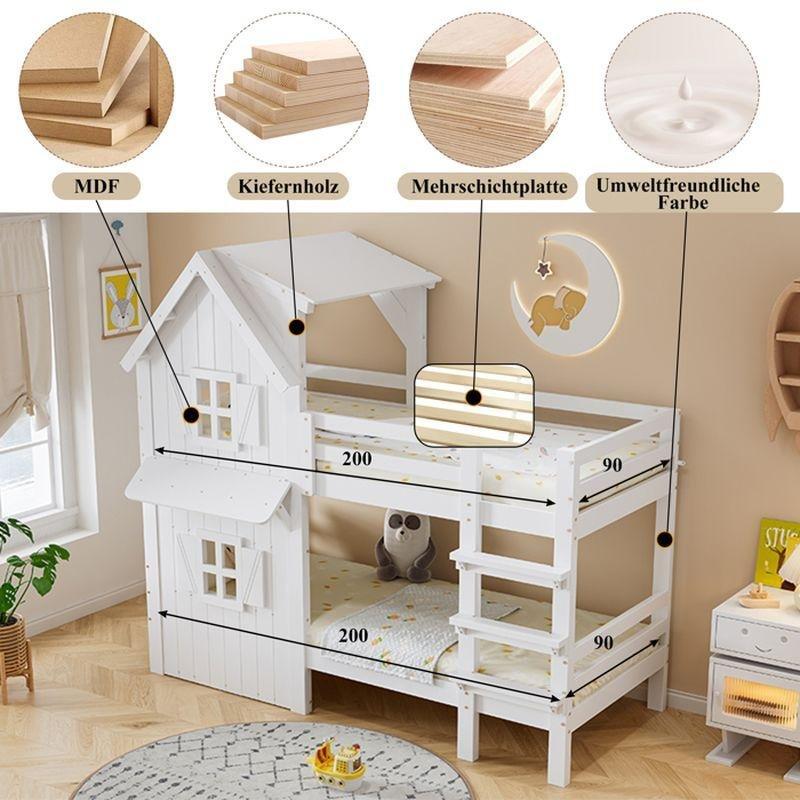 Beyaz Masif Çam ve MDF Ev Tasarımlı Merdivenli Çocuk Ranza - 90x200 cm - 125395