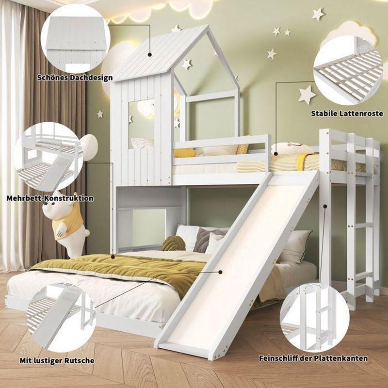Beyaz Masif Çam ve MDF Kaydıraklı Çatılı Ev Tasarımlı Ranza - 90x200 cm / 140x200 cm - 125557