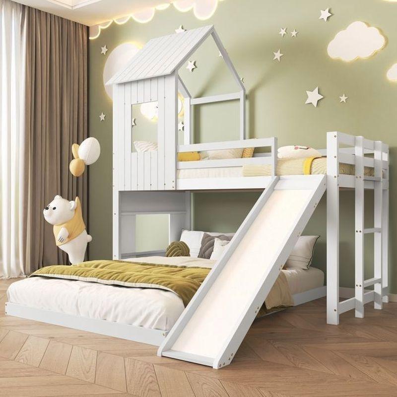 Beyaz Masif Çam ve MDF Kaydıraklı Çatılı Ev Tasarımlı Ranza - 90x200 cm / 140x200 cm - 125557
