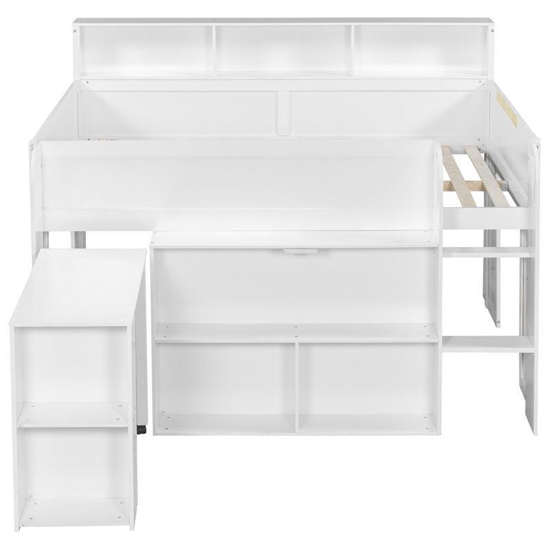 Beyaz Masif Çam ve MDF LED Aydınlatmalı Entegre Raflı Çalışma Masalı Ranza - 142x267 cm - 124353