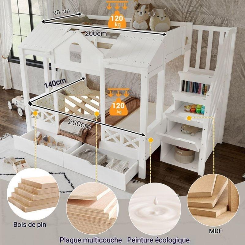 Beyaz Masif Çam ve MDF Merdivenli Çekmeceli Ev Tasarımlı Ranza - 90x200 ve 140x200 cm - 125401