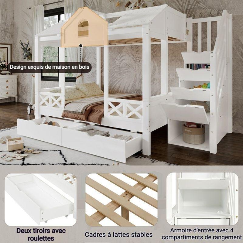 Beyaz Masif Çam ve MDF Merdivenli Çekmeceli Ev Tasarımlı Ranza - 90x200 ve 140x200 cm - 125401