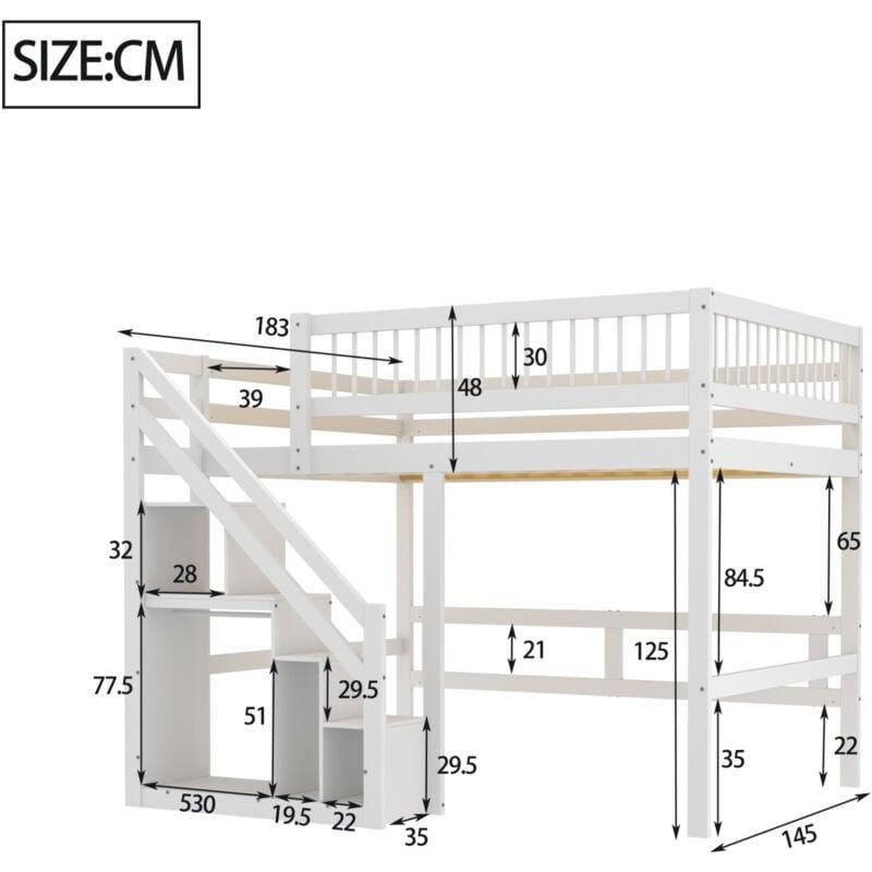 Beyaz Masif Çam ve MDF Merdivenli Depolama Alanlı Ranza - 140x200 cm - 124980