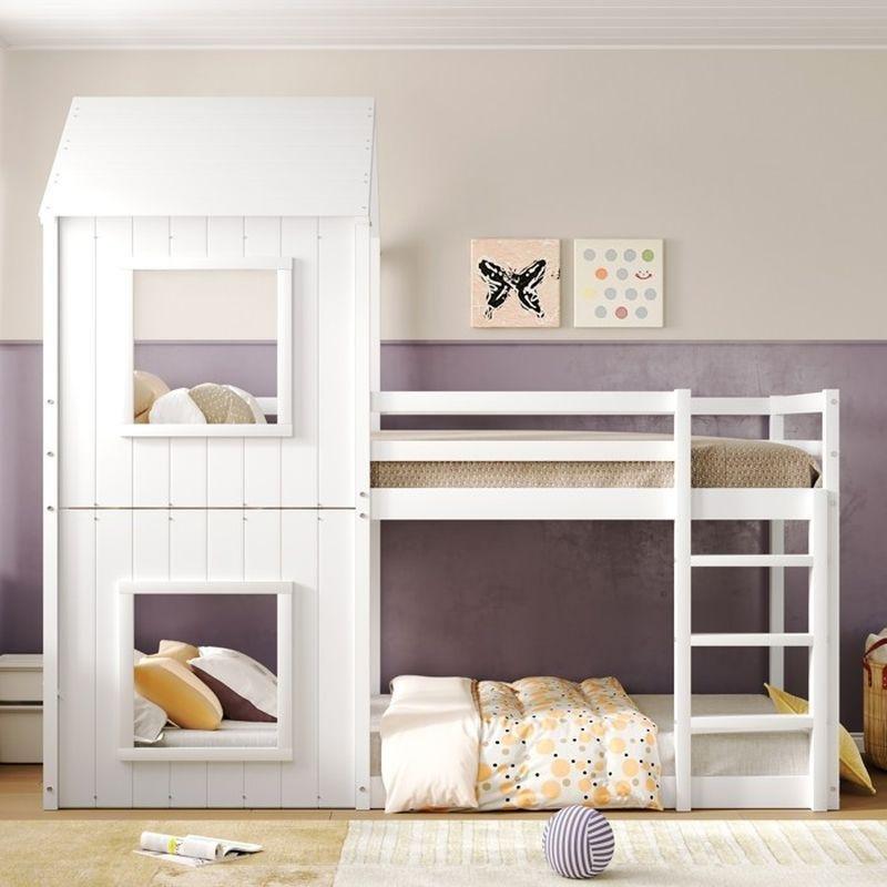 Beyaz Masif Çam ve MDF Pencereli Ev Tasarımlı Merdivenli Ranza - 90x200 cm - 125392