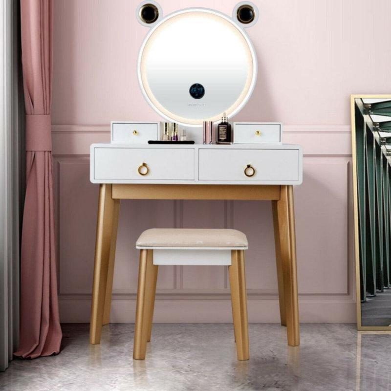 Beyaz Masif Kayın ve MDF LED Işıklı Hoparlörlü Dijital Ekranlı Makyaj Masası - 80 cm - 121465