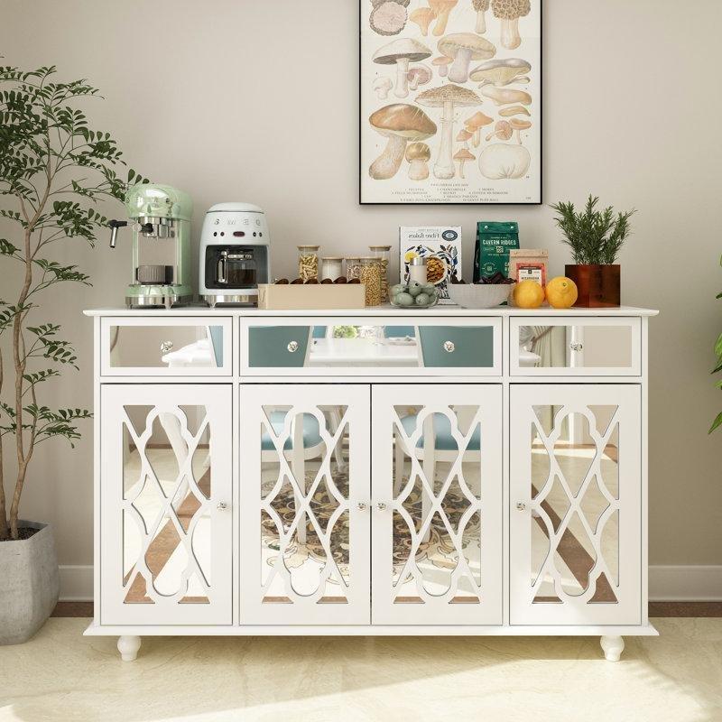 Beyaz Masif ve Endüstriyel Ahşap 3 Çekmeceli 4 Kapaklı Aynalı Konsol - 140x90x40 cm - 128905