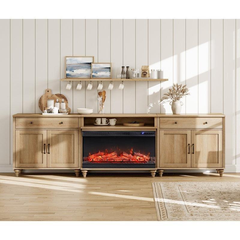 Beyaz Masif ve Endüstriyel Ahşap 36 İnç Elektrikli Şömineli 2 Çekmeceli 4 Kapaklı Konsol - 268 cm - 129220