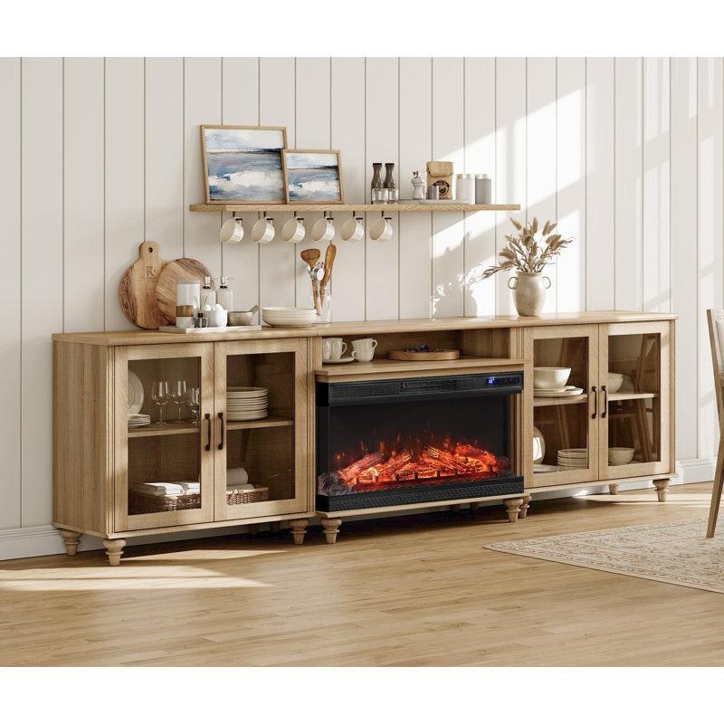 Beyaz Masif ve Endüstriyel Ahşap 4 Cam Kapaklı 92 cm Elektrikli Şömineli Konsol - 268 cm - 129202