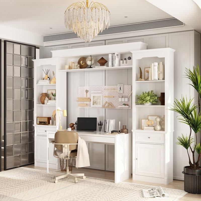Beyaz Masif ve Endüstriyel Ahşap 7 Raflı Çekmeceli ve Dolaplı Köprülü Kitaplık - 265x210 cm - 141292