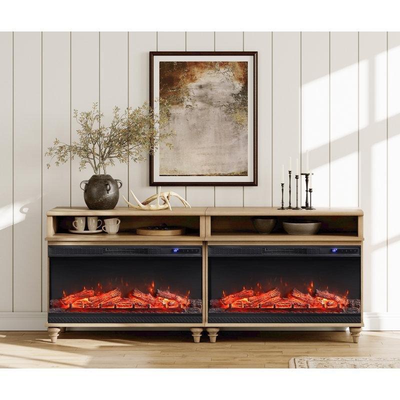 Beyaz Masif ve Endüstriyel Ahşap 91 cm Elektrikli Şömineli Raflı Konsol - 190 cm - 129199