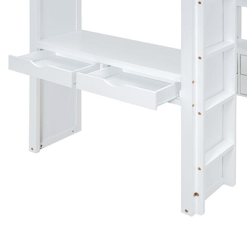 Beyaz Masif ve Endüstriyel Ahşap Çalışma Masalı Kitaplıklı 6 Çekmeceli LED Işıklı Ranza - 106x197 cm - 124377