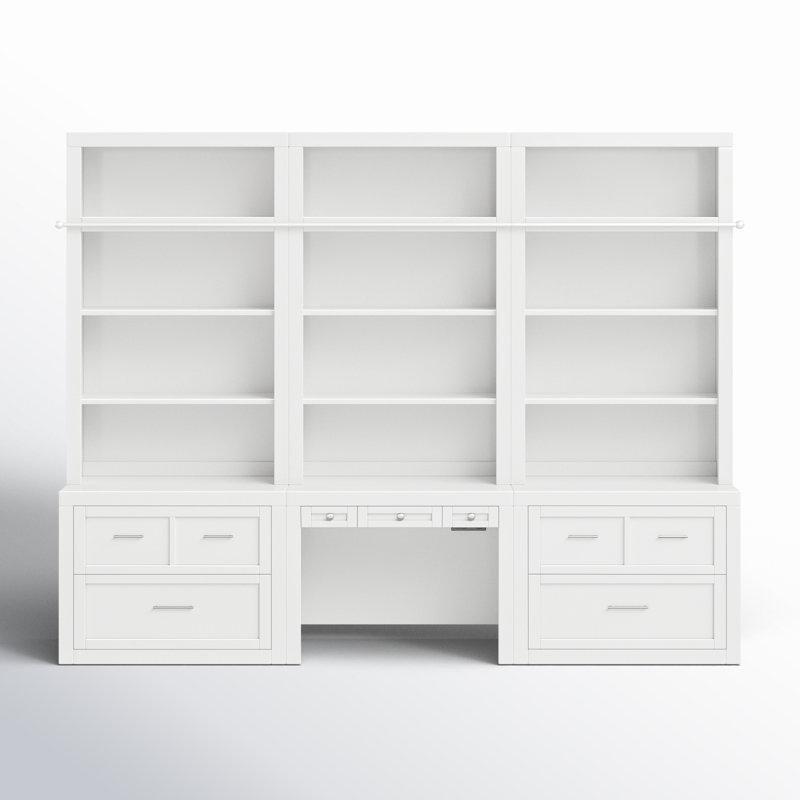 Beyaz Masif ve Endüstriyel Ahşap Entegre Çalışma Masalı Çekmeceli Modüler Kitaplık - 305x240 cm - 141295