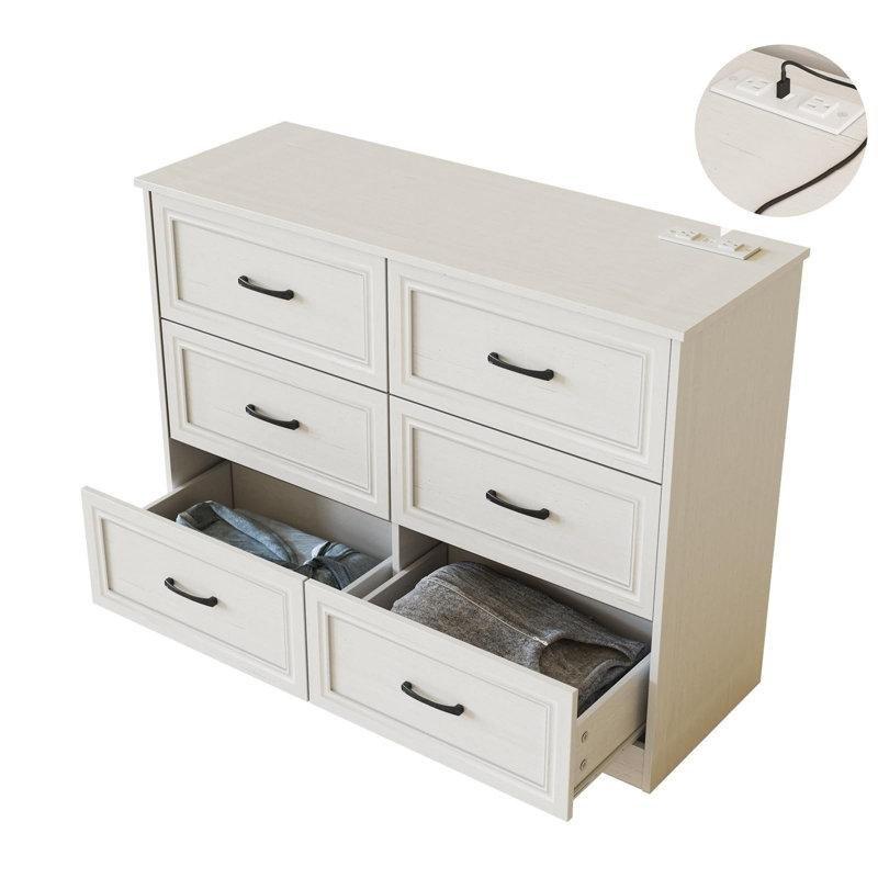 Beyaz Masif ve Endüstriyel Ahşap Entegre Prizli 6 Çekmeceli Şifonyer - 106x82x38 cm - 122683