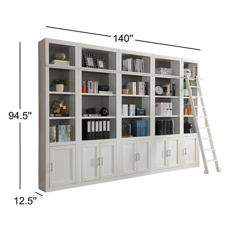 Beyaz Masif ve Endüstriyel Ahşap Merdivenli 15 Raflı 8 Kapaklı Kitaplık - 356x241 cm - 141658