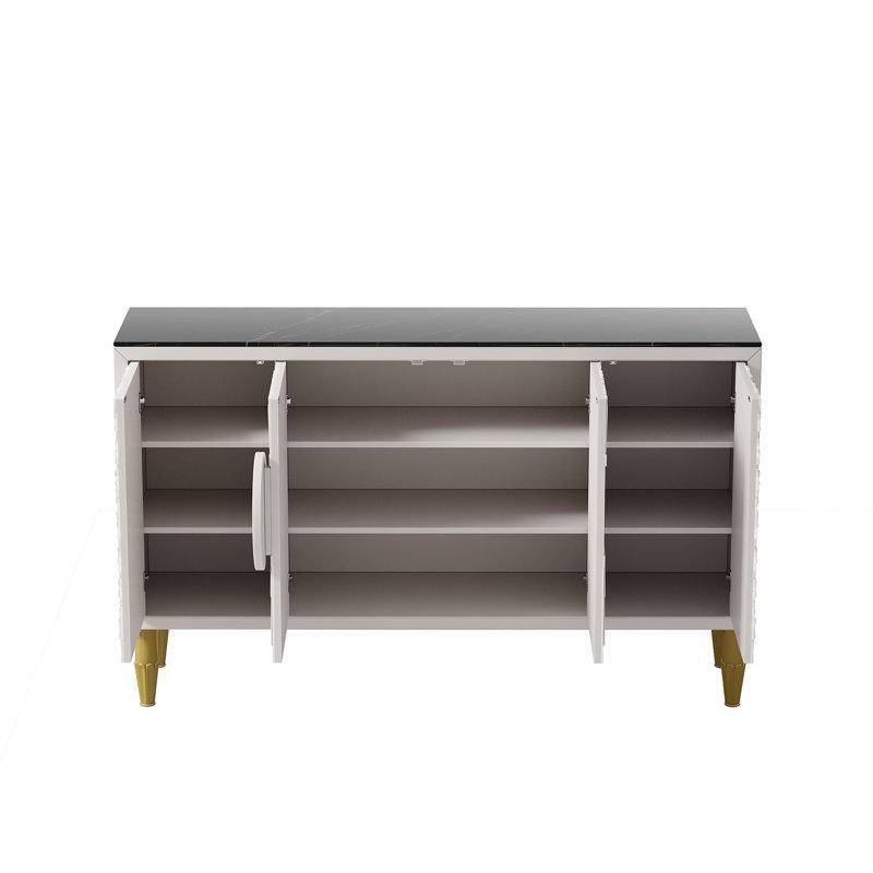 Beyaz Masif ve Endüstriyel Ahşap Mermer Desenli 4 Kapaklı Gold Detaylı Üstü Mermer Konsol - 161x40x99 cm - 129154