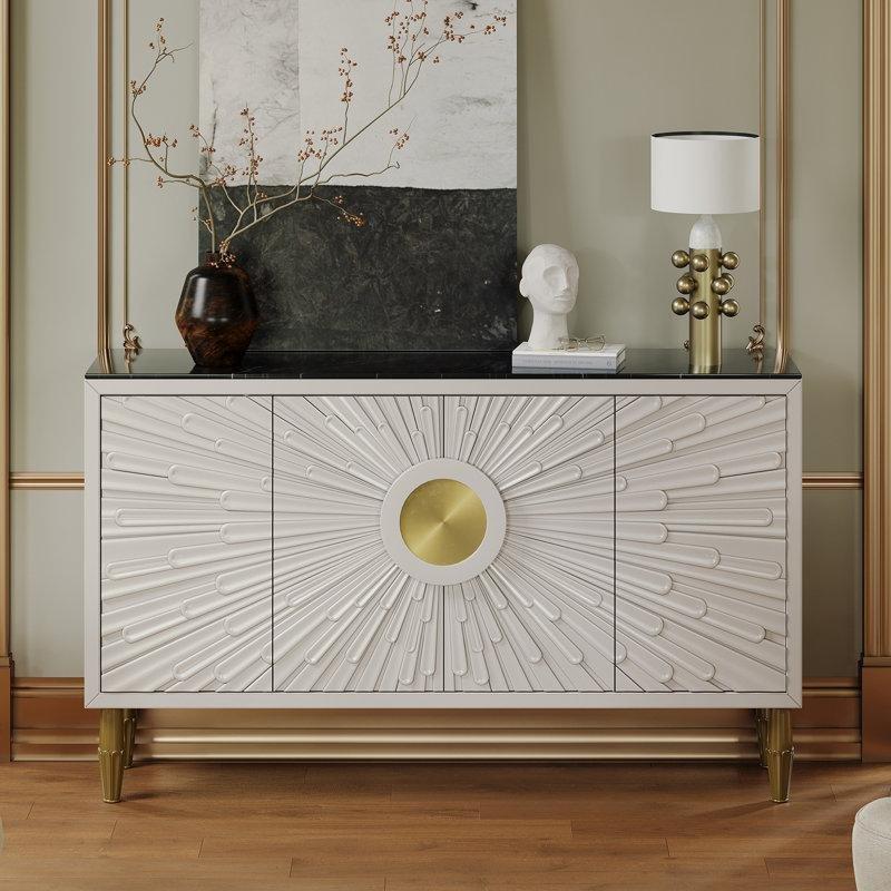 Beyaz Masif ve Endüstriyel Ahşap Mermer Desenli 4 Kapaklı Gold Detaylı Üstü Mermer Konsol - 161x40x99 cm - 129154