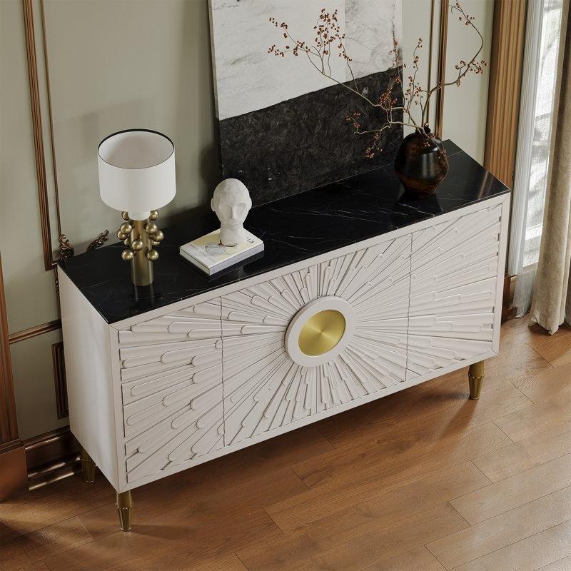 Beyaz Masif ve Endüstriyel Ahşap Mermer Desenli 4 Kapaklı Gold Detaylı Üstü Mermer Konsol - 161x40x99 cm - 129154