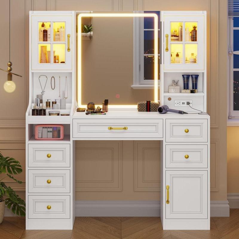 Beyaz Masif ve Endüstriyel Ahşap RGB Aydınlatmalı Şarj İstasyonlu 6 Çekmeceli Makyaj Masası - 106 cm - 121618