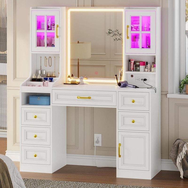 Beyaz Masif ve Endüstriyel Ahşap RGB Aydınlatmalı Şarj İstasyonlu 6 Çekmeceli Makyaj Masası - 106 cm - 121618