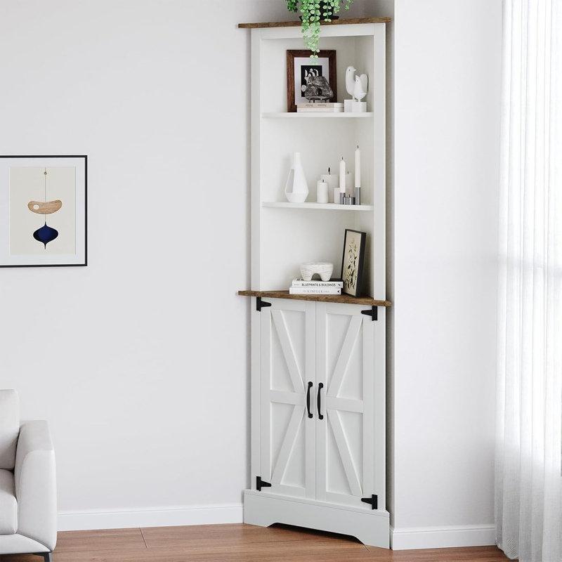 Beyaz Masif ve Endüstriyel Ahşap Sürgülü Kapaklı Köşe Kitaplık - 173x61x43 cm - 141874