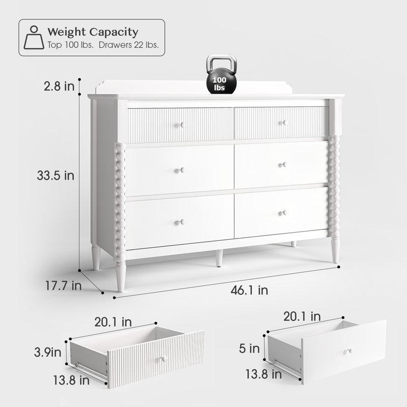 Beyaz Masif ve MDF 6 Çekmeceli Torna Ayaklı Şifonyer - 117x45x86 cm - 122548