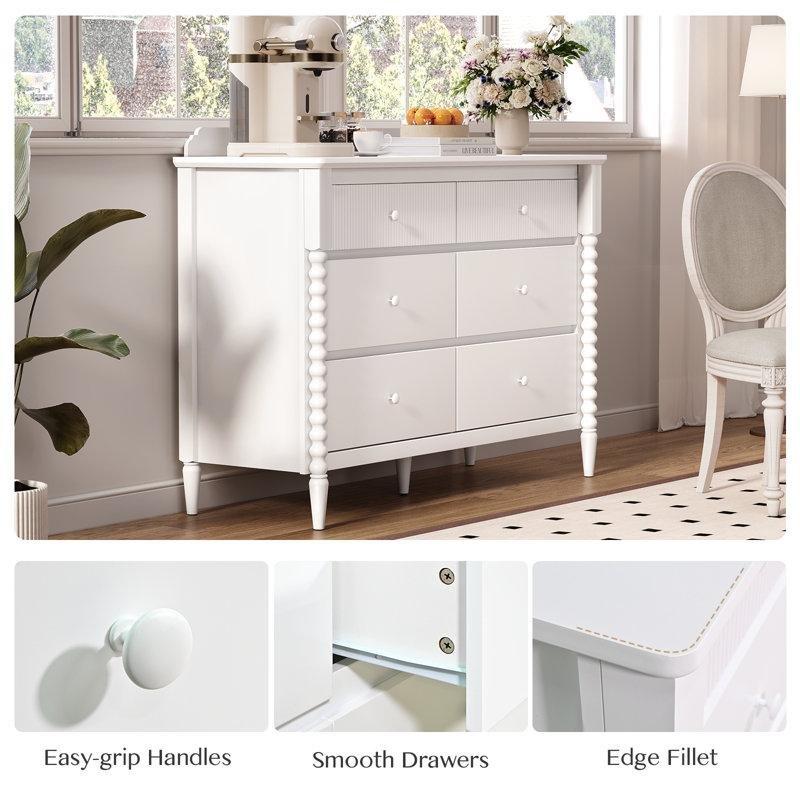 Beyaz Masif ve MDF 6 Çekmeceli Torna Ayaklı Şifonyer - 117x45x86 cm - 122548