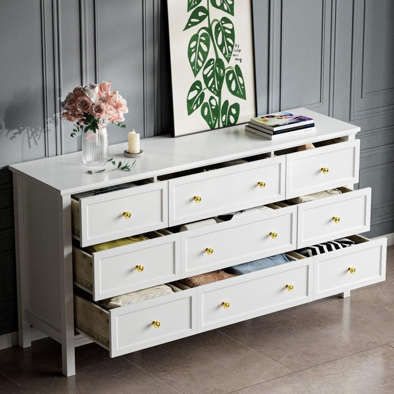 Beyaz Masif ve MDF Gold Kulp Detaylı 9 Çekmeceli Şifonyer - 150x79 cm - 122575