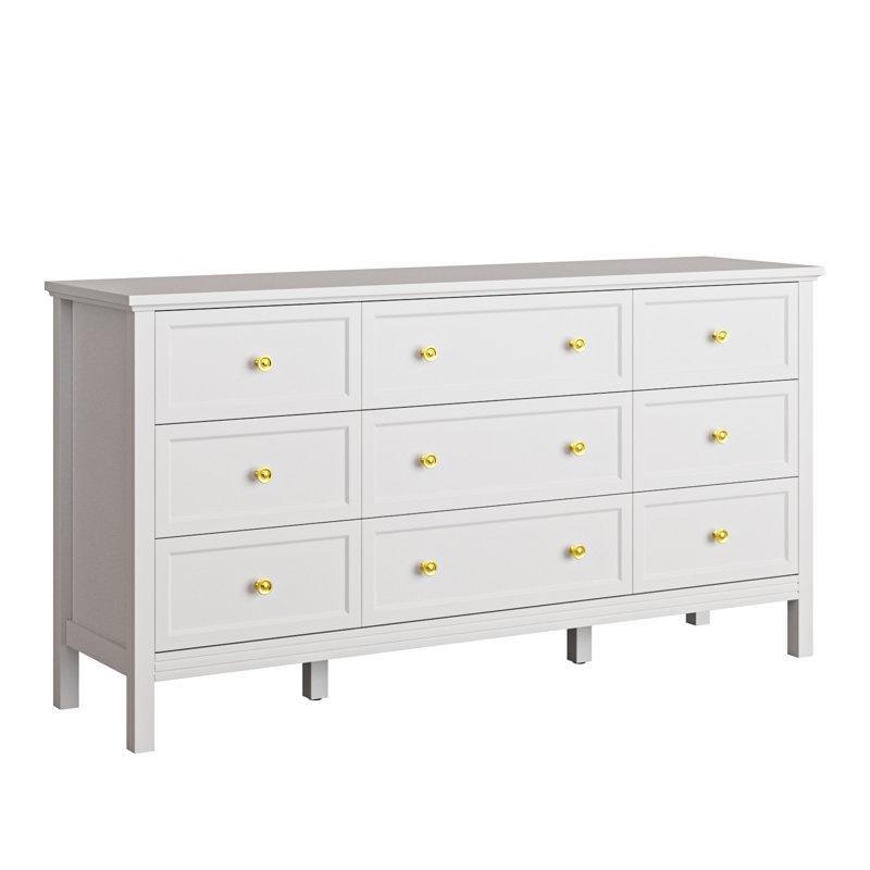 Beyaz Masif ve MDF Gold Kulp Detaylı 9 Çekmeceli Şifonyer - 150x79 cm - 122575