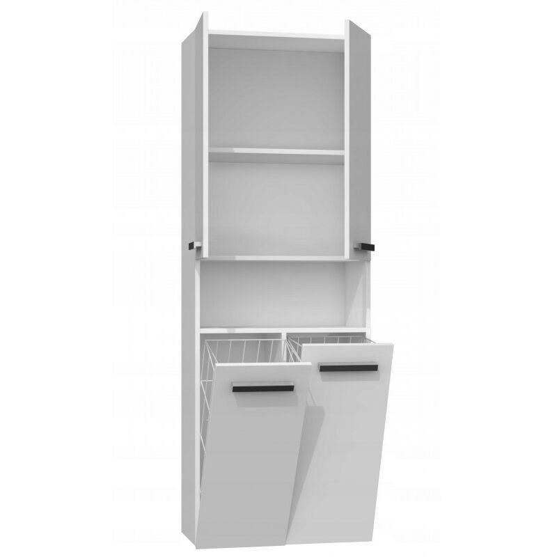 Beyaz Mat MDF ve Suntalam Minimalist Kulplu Sepetli Banyo Dolabı-174x60x30 cm - 113693