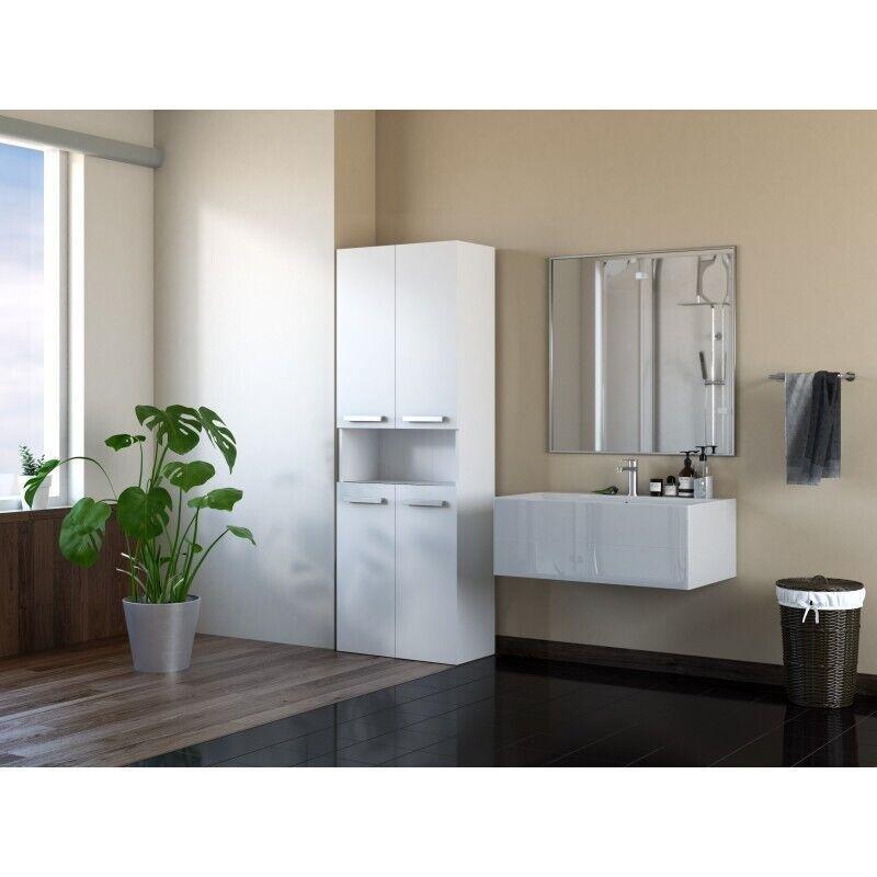 Beyaz Mat MDF ve Suntalam Minimalist Kulplu Sepetli Banyo Dolabı-174x60x30 cm - 113693