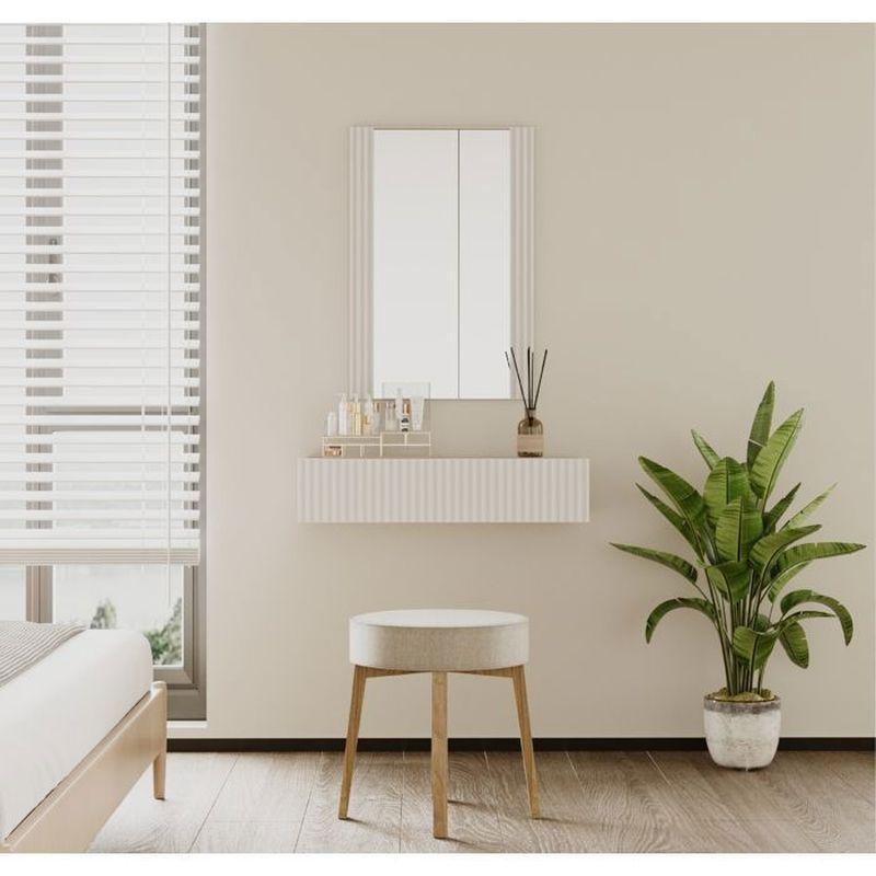 Beyaz Mat Melamin Duvara Monte Aynalı Çekmeceli Makyaj Masası - 80x42 cm - 122317