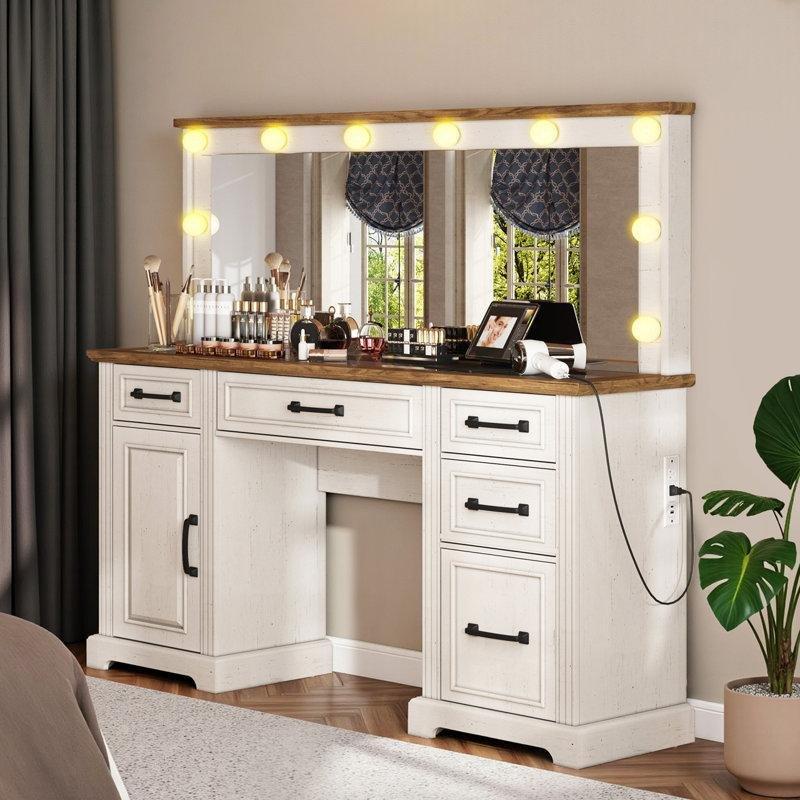 Beyaz MDF 10 Ampullü Hollywood Aynalı Şarj İstasyonlu Makyaj Masası - 140 cm - 121804