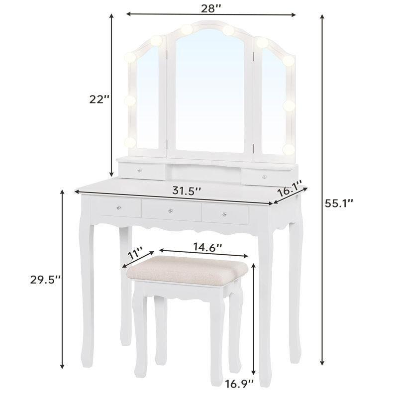 Beyaz MDF 10 LED Işıklı 3 Katlanır Aynalı 5 Çekmeceli Tabureli Makyaj Masası - 80x41x140 cm - 121720