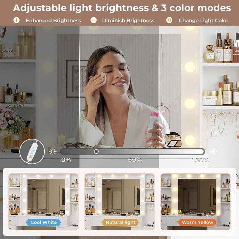 Beyaz MDF 10 LED Işıklı Cam Yüzeyli ve Prizli Makyaj Masası - 124 cm - 121555