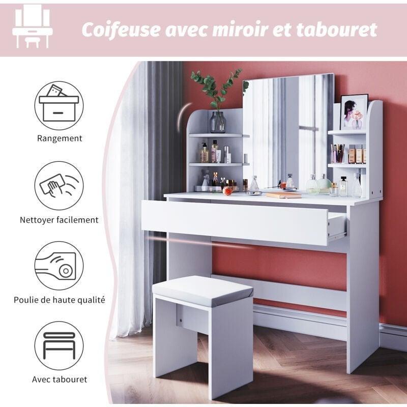 Beyaz MDF 10 LED Işıklı Raflı ve Tabureli Makyaj Masası - 108x40x140 cm - 122086