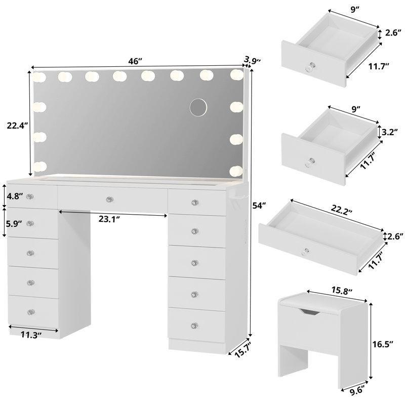 Beyaz MDF 11 Çekmeceli Işıklı ve Cam Tablalı Puf Dahil Makyaj Masası - 117 cm - 121900