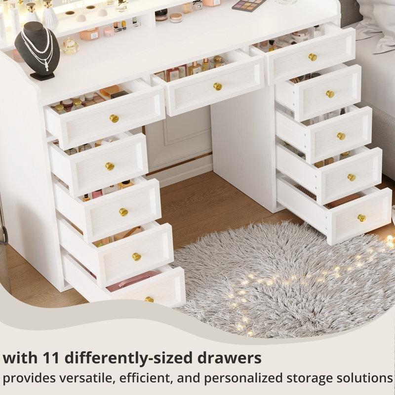 Beyaz MDF 11 Çekmeceli LED Işıklı Aynalı ve Puflu Makyaj Masası - 120x40x140 cm - 121912