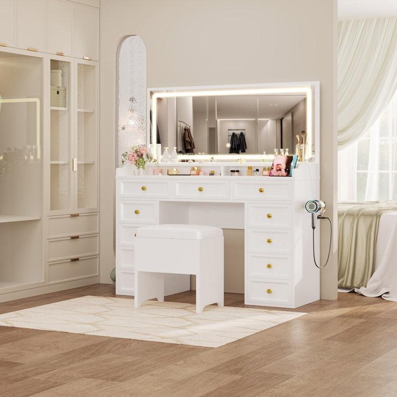 Beyaz MDF 11 Çekmeceli LED Işıklı Aynalı ve Puflu Makyaj Masası - 120x40x140 cm - 121912