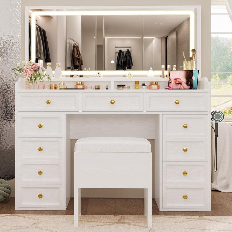 Beyaz MDF 11 Çekmeceli LED Işıklı Aynalı ve Puflu Makyaj Masası - 120x40x140 cm - 121912