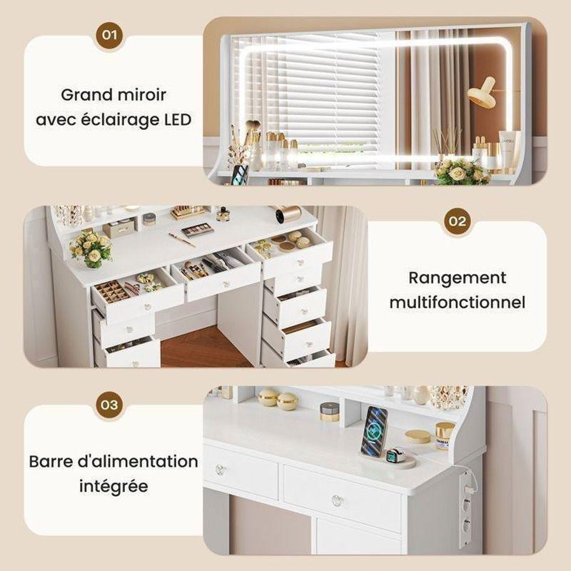 Beyaz MDF 11 Çekmeceli LED Işıklı Priz ve USB Girişli Makyaj Masası - 110x40x135 cm - 122290