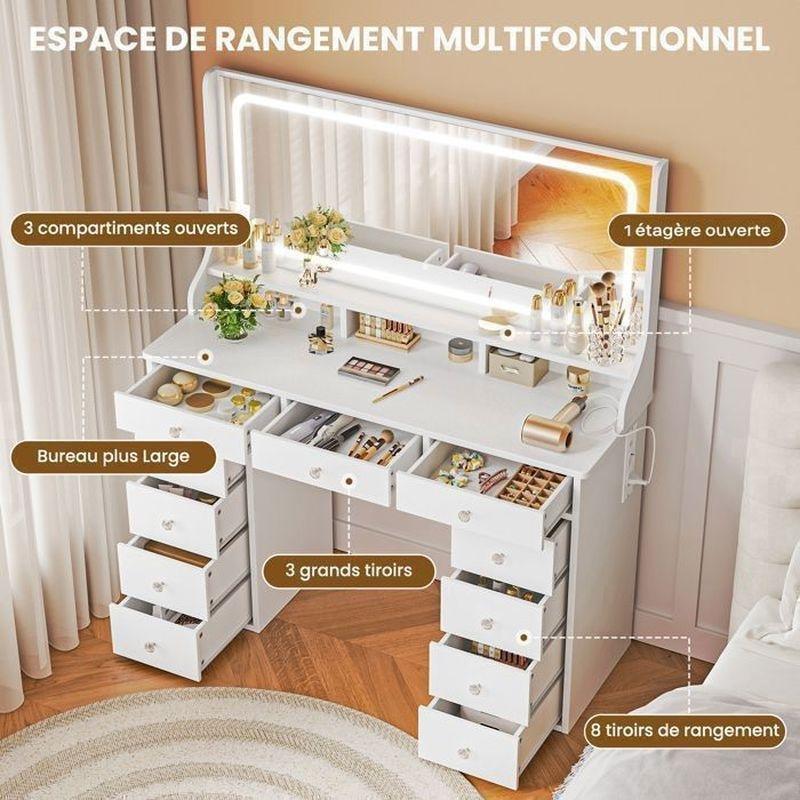 Beyaz MDF 11 Çekmeceli LED Işıklı Priz ve USB Girişli Makyaj Masası - 110x40x135 cm - 122290