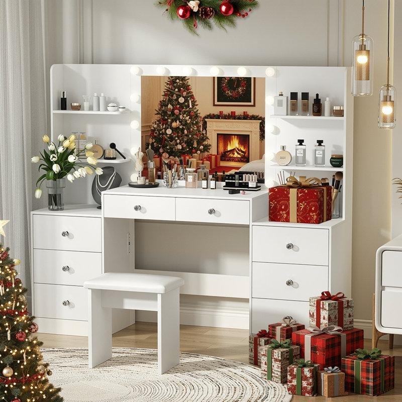 Beyaz MDF 14 Led Işıklı 8 Çekmeceli Şarj İstasyonlu Puf Dahil Makyaj Masası - 157 cm - 121903