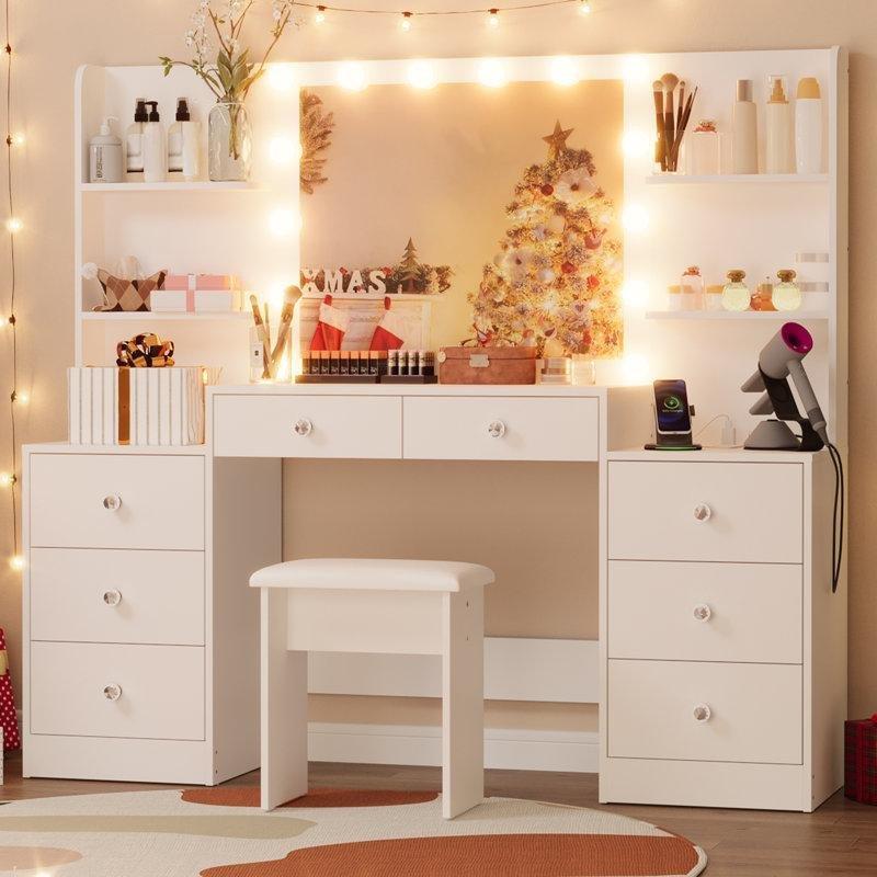 Beyaz MDF 14 Led Işıklı 8 Çekmeceli Şarj İstasyonlu Puf Dahil Makyaj Masası - 157 cm - 121903